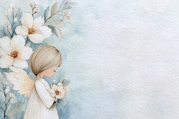 Obraz premium Watercolor illustration of First Holy Communion invitation angel and soft floral elements on light blue background with copy space. religious celebrations, greeting cards, elegant invitation design