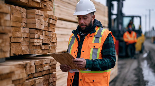 Delivery logistics coordinator cross-referencing bill of lading against stacked structural lumber bundles outside rural lumberyard yard, forklift driver pausing nearby, muddy site road behind, overc