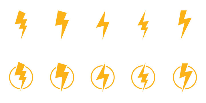 Vector Set of Bold Lightning Symbols with Circles Representing Electricity. lightning power energy icon set isolated on white background.