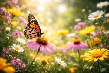 Fototapeta premium Delightful butterfly exploring radiant spring flowers in a lively garden atmosphere with copy space