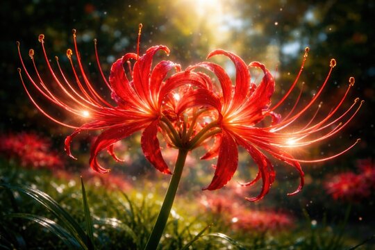 Red Lycoris radiata petals shining with vibrant energy outdoors