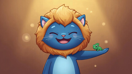  illustration of a happy blue cat wearing a lion's mane good, green chameleon perched on its arm. © Pemuda