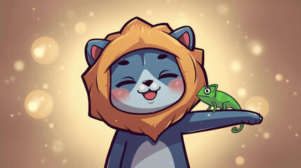 illustration of a happy blue cat wearing a lion's mane good, green chameleon perched on its arm. © Pemuda