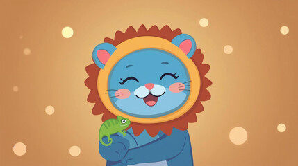  illustration of a happy blue cat wearing a lion's mane good, green chameleon perched on its arm. © Pemuda