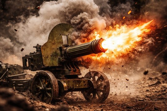 Vintage firearm made of green metal explodes with bright flash and smoke plume in war