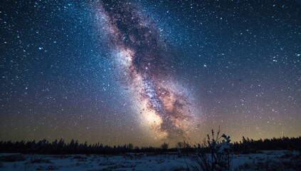 Obraz premium Bright starry sky over winter landscape highlighted by a vibrant milky way galaxy