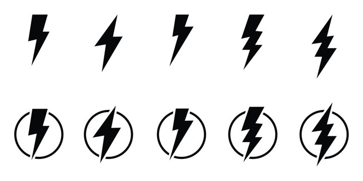 Lightning bolt vector icon set, black lightning icon designs on white background. Black outline of flash lightning bolt icon vector illustration. Energy, power symbol.