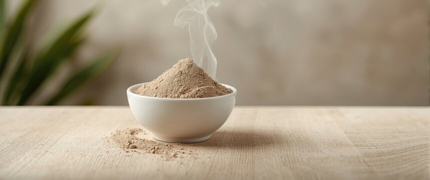 Bentonite clay in small white bowl close-up for natural body wrap spa copy space