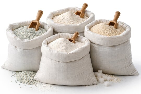 White hemp bag carrying chemical fertiliser sugar flour and rice set against white background
