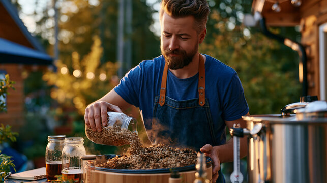 Home brewer measuring grain into mash tun on back patio in early morning mist, condensation on glass vessels, notebook beside setup, thermometer clipped to kettle, outdoor all-grain brewing session,