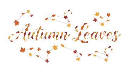 Autumn Leaves Constellations: A whimsical arrangement of autumn leaves forming celestial constellations and the words Autumn Leaves, inviting a touch of magic and seasonal charm. © AJM