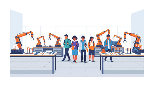 Future of Automation Education: Students surrounded by robotic arms in a modern laboratory, embracing the forefront of technological learning and innovation.