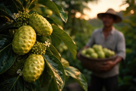 Tropical noni fruits developing on tree amidst blurred background of farmer at twilight