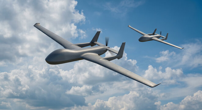 Two Unmanned Drones Flying Above Clouds In Blue Sky