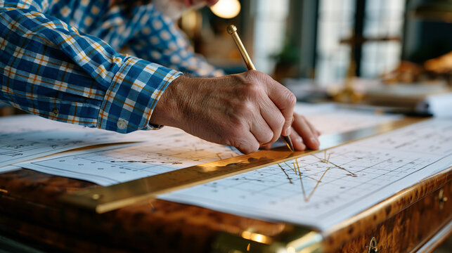 Scatter plot correlation data printed on architectural blueprints spread across a polished mahogany drafting table inside a luxury interior design studio, senior engineer tracing regression lines wi