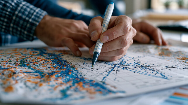 Scatter plot correlation data rendered on a drafting table inside an architectural firm, close up hands of a structural analyst plotting seismic risk variables with a fine liner pen, graph overlaid 