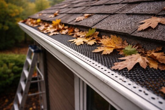 Residential rain gutter close shot featuring leaf guard installation and leaf accumulation symbolizing roof care and home repairs
