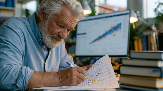 Scatter plot correlation data visible on a wall-sized monitor inside a university research lab under early morning mist drifting through open ground-floor windows, elderly statistician annotating ou