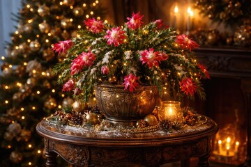 Obraz premium Seasonal Christmas cactus with sparkling decorations on vintage side table