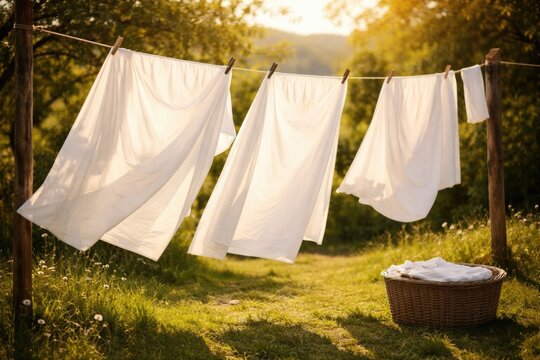 White sheets drying under radiant sun on a rustic outdoor clothesline