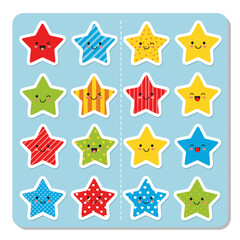 Obraz premium Cute cartoon stars with happy faces and different patterns.