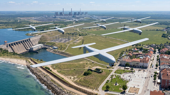 Fleet Of Unmanned Drones Flying Over Coastal Town With Dam And Power Plant