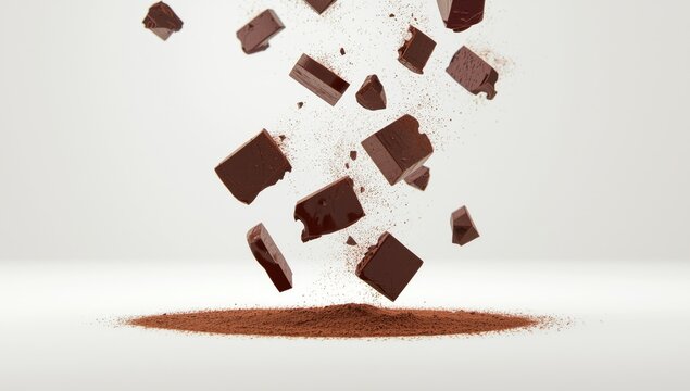 Chocolate chunks bars and fine cocoa powder levitating in midair against crisp white surface