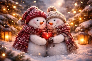 Obraz premium Romantic winter scene with cuddly snowmen for holiday greeting art