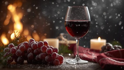 Obraz premium Charming red wine glass paired with snow covered grapes highlighting warm holiday ambiance