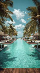 Fototapeta premium Wooden poolside terrace with tropical resort pool as backdrop, sun loungers and palm trees, sunny weather, relaxing summer vibes. Vertical image