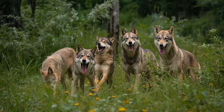 Cheerful wolves pack of four having fun in a summer forest clearing