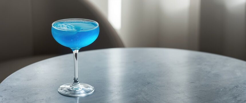 Bright electric blue cocktail elegantly presented in stemware on a minimalist table