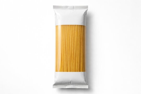 Unopened white plastic bag packed with spaghetti pasta placed on white studio backdrop