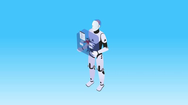 Robot Holding Virtual Reality Screen with User Interacting with Data Interface 3d animation cartoon