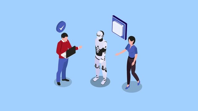 engineers testing humanoid robot and microchip hardware technology 3d animation cartoon