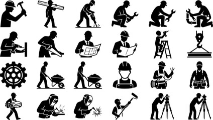 Obraz premium Construction Workers and Engineering Black Silhouette Icon Set Featuring Builders Welders Surveyors Tools Machinery and Industrial Labor Vector Collection