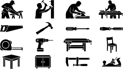 Fototapeta premium Carpentry and Woodworking Tools Black Silhouette Icon Set Featuring Carpenter Cutting Measuring Drilling Hammering and Workshop Furniture Vector Collection