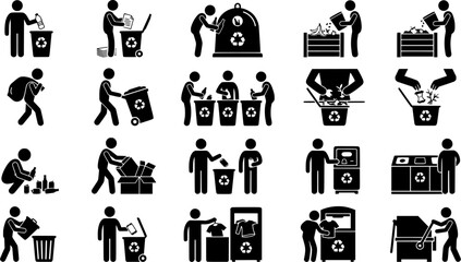 Obraz premium Recycling and Waste Sorting Black Silhouette Icon Set Featuring People Disposing Plastic Paper Food E-Waste and Battery Trash Vector Collection