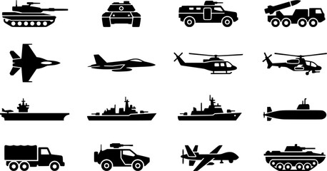 Obraz premium Military Vehicles Black Silhouette Icon Set Featuring Tanks Fighter Jets Helicopters Warships Submarine Drone and Armored Trucks Vector Collection