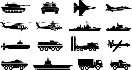 Obraz premium Military Vehicles Black Silhouette Icon Set Featuring Tanks Fighter Jets Helicopters Warships Submarine Drone and Armored Trucks Vector Collection