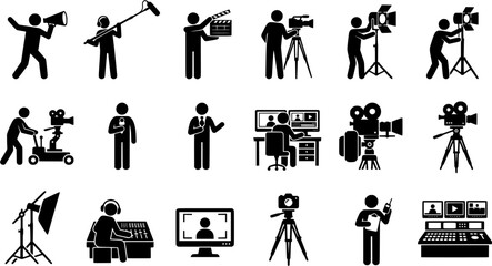 Obraz premium Film Production Crew Black Silhouette Icon Set Featuring Camera Operator Director Lighting Sound Editing and Broadcast Equipment Vector Collection