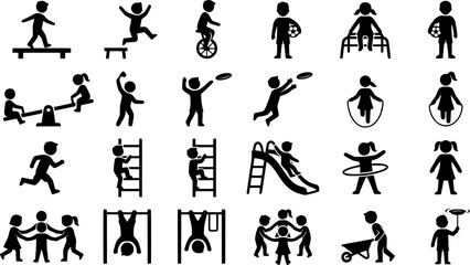 Naklejka premium Children Playground Activities Black Silhouette Icon Set Featuring Running Jumping Swinging Soccer Hopscotch Hula Hoop and Outdoor Play Vector Collection