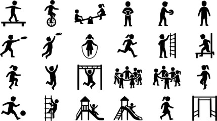 Fototapeta premium Children Playground Activities Black Silhouette Icon Set Featuring Running Jumping Swinging Soccer Hopscotch Hula Hoop and Outdoor Play Vector Collection