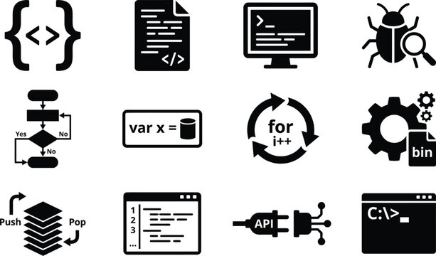Coding, programming icons set, 13 black vector symbols, developer tools, coding elements, software design