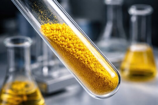 Detailed view of potassium chromate powder held in glass test tube