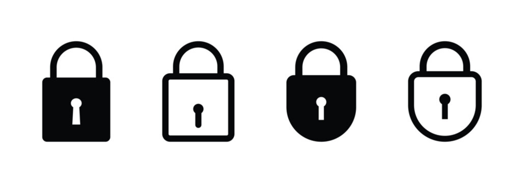 Vector illustration of a padlock icon in a simple black and white design. Pad lock icon vector illustration for apps and websites.