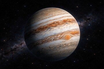 Obraz premium Textured Jupiter planet surface captured on a dark cosmic star field background