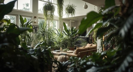 Fototapeta premium Bright airy living room with diverse indoor plants including sansevierias and philodendrons