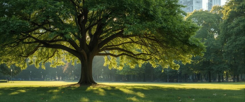 Horse Chestnut Tree in Sunlight City Park, Lush Green Foliage, Wide Angle