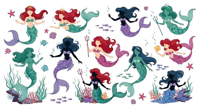 Collection of colorful mermaid characters with underwater marine life